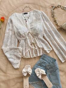 Soleia 女式 V 领喇叭袖荷叶边下摆玫瑰图案衬衫，适合度假、音乐节、波西米亚风、节日、下午茶