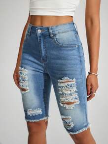 SHEIN Essnce Distressed Pockets Contrast Color Casual Versatile Skinny Denim Capri Pants