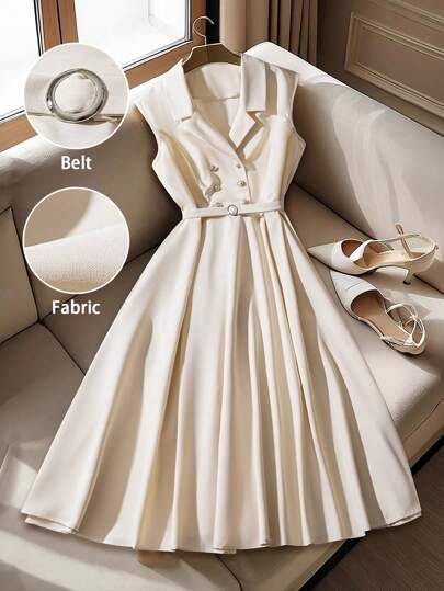 SHEIN CURVE+ 大码女式缺口领双排扣无袖腰带优雅连衣裙，适合聚会和日常通勤