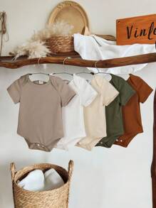 SHEIN Vintaside Kids 5入組實色條紋短袖連體衣，適用於男寶寶 - 彩色 - 查看 1