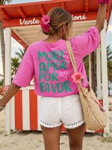 DrmWander Camiseta de manga corta casual de verano con estampado de letras para tallas grandes