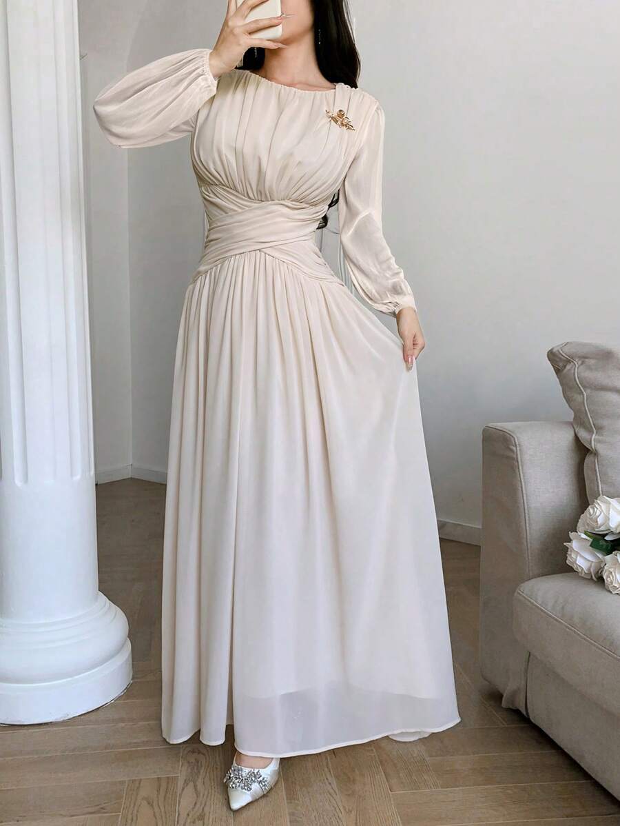 Feyla Vestido de mujer elegante de unicolor con mangas farol y cruce en la cintura - Albaricoque - Ver 1