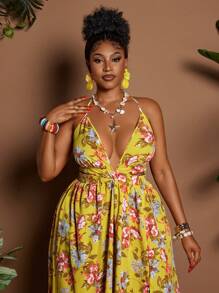 Maweii 2025 New Women Plus Size Yellow Summer Boho Vacation Holiday Elegant Spaghetti Strap Backless Lace-Up Colorblock Gradient Print A-Line Slip Dress - Multicolor - View 6