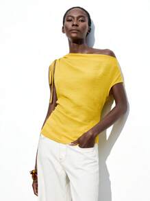 Maija 2025 Autumn/Winter New Yellow Ruched Drawstring Tie Bow Asymmetric Cutout Shoulder Design Sleeveless Blouse, Fashion Casual Elegant Versatile For Business, Party, Beach, Wedding Guest, Everyday, Y2K Retro Style - Yellow - View 6