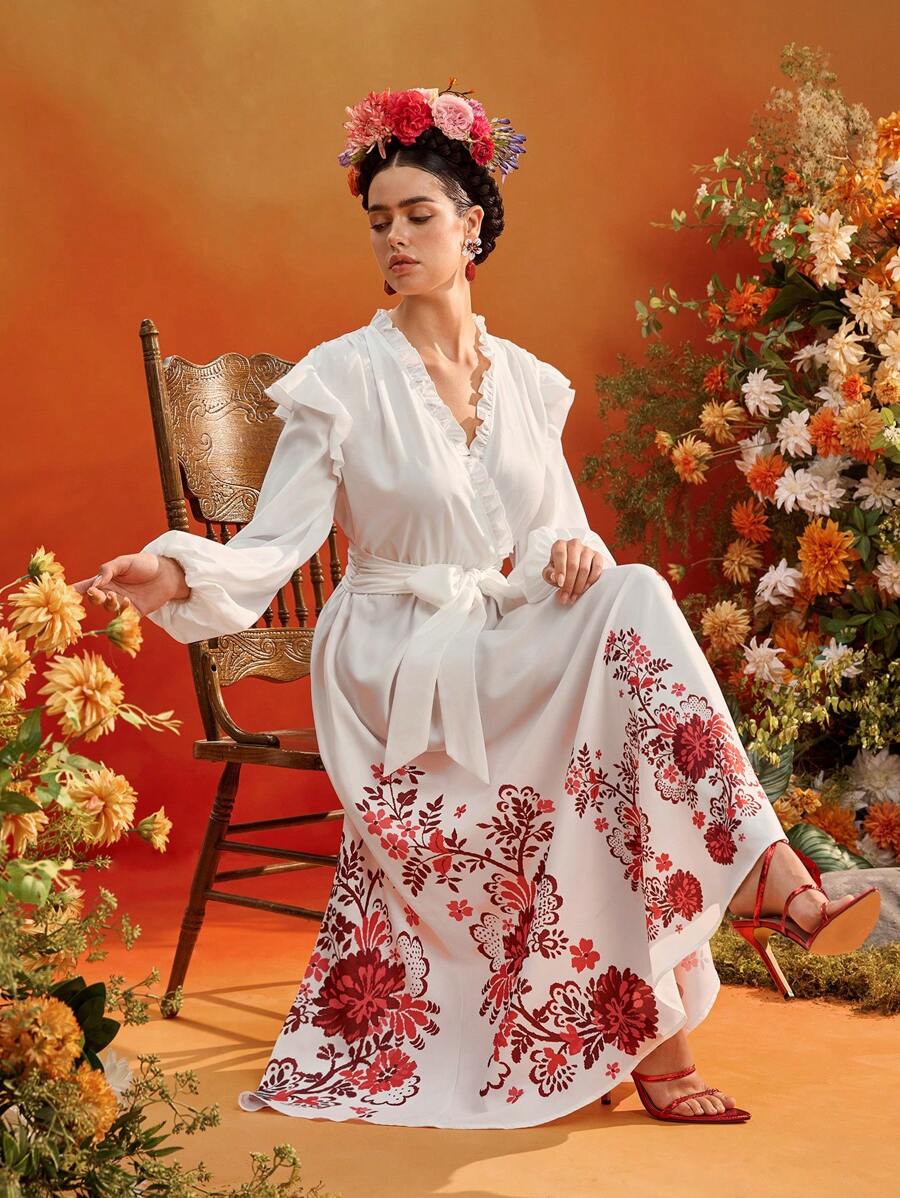 Oxana Frida Kahlo X SHEIN X Designer فستان أنيق طويل للسيدات بخصر واسع، طبعات بيضاء، أكمام منتفخة، ياقة لفافة - متعدد الألوان - مشاهدة 1