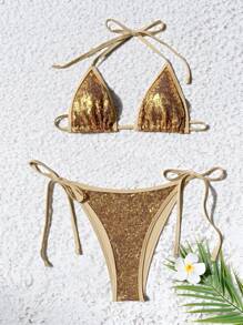 Swim SXY 3pcs Women Sparkly Bikini Set, Strappy Backless Sexy Swimsuit For Summer Beach Vacation - Gold - View 7