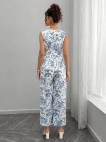 SHEIN Shirred Maternity Jumpsuit With Zipper Back And Digital Print, Full Length Pants - Blue and White - View 2