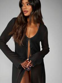 MISSGUIDED Long Sheer Chiffon Beach Cover Up Kimono Robe Maxi Cardigan Duster Beachwear Resort Poolside Vacation Lounge Wear - Black - View 6