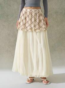 LYSMO 2025 Neuheiten Frühling-Sommer Damen Französischer Stil eleganter Wickel-Krawatte Karomini-Rock mit Layering-Design, Patchwork Bubble-Saum Organza A-Linien-Rock, 2-in-1-Look, französische Eleganz, Premium-Qualität, jugendlich Frühling-Sommer, Boho Chic