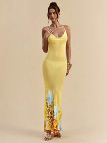 SHEIN BAE Sexy Backless Leopard & Floral Print Tied Neck Slim Fit Elegant Dress, Suitable For Beach Holiday - Yellow - View 5