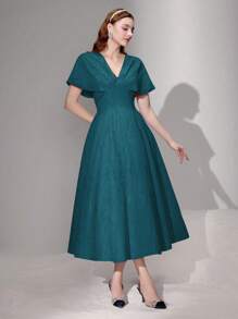 Poshira 女式优雅纹理面料 V 领披肩袖收腰喇叭下摆鸡尾酒会连衣裙 - 綠色 - 查看 6