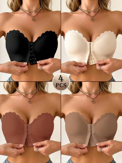 SHEIN Set de 4 sujetadores sin tirantes de varios colores para mujer, con cierre frontal y ribete ondulado, copas desmontables acolchadas