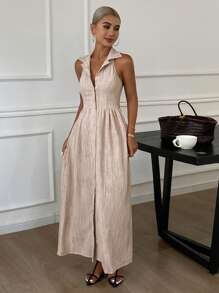Livesso Women's Summer Turn-Down Collar Halter Waist Flared Midi Backless Dress - Beige - View 5