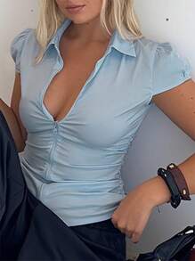 INAWLY Solva 女式休闲蓝色灯笼袖拉链褶饰修身衬衫，夏季 - 藍色 - 查看 2