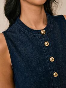 Poéselle 新款女式牛仔连衣裙半开襟无袖A字直筒连衣裙蓝色秋季服装法式休闲女士休闲连衣裙度假连衣裙返校节连衣裙外出连衣裙老款连衣裙返校生日女士连衣裙女士教师装