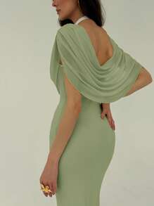 Aloruh Women's Solid Color Scoop Neck Fitted Elegant Dress - Green - View 4