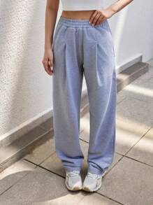 RueChic Damen einfarbige Strick-Hose mit Seitentaschen, vorne gefältelt, lässiger Schnitt, für Alltag, Lässig, Workout, Sommerkleidung