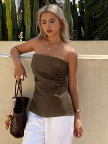 DAZY Top bandeau ajustada y fruncida de unicolor casual de verano para mujer