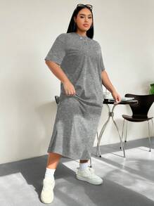 SHEIN EZwear 夏季大码女式休闲纯色落肩宽松T恤连衣裙