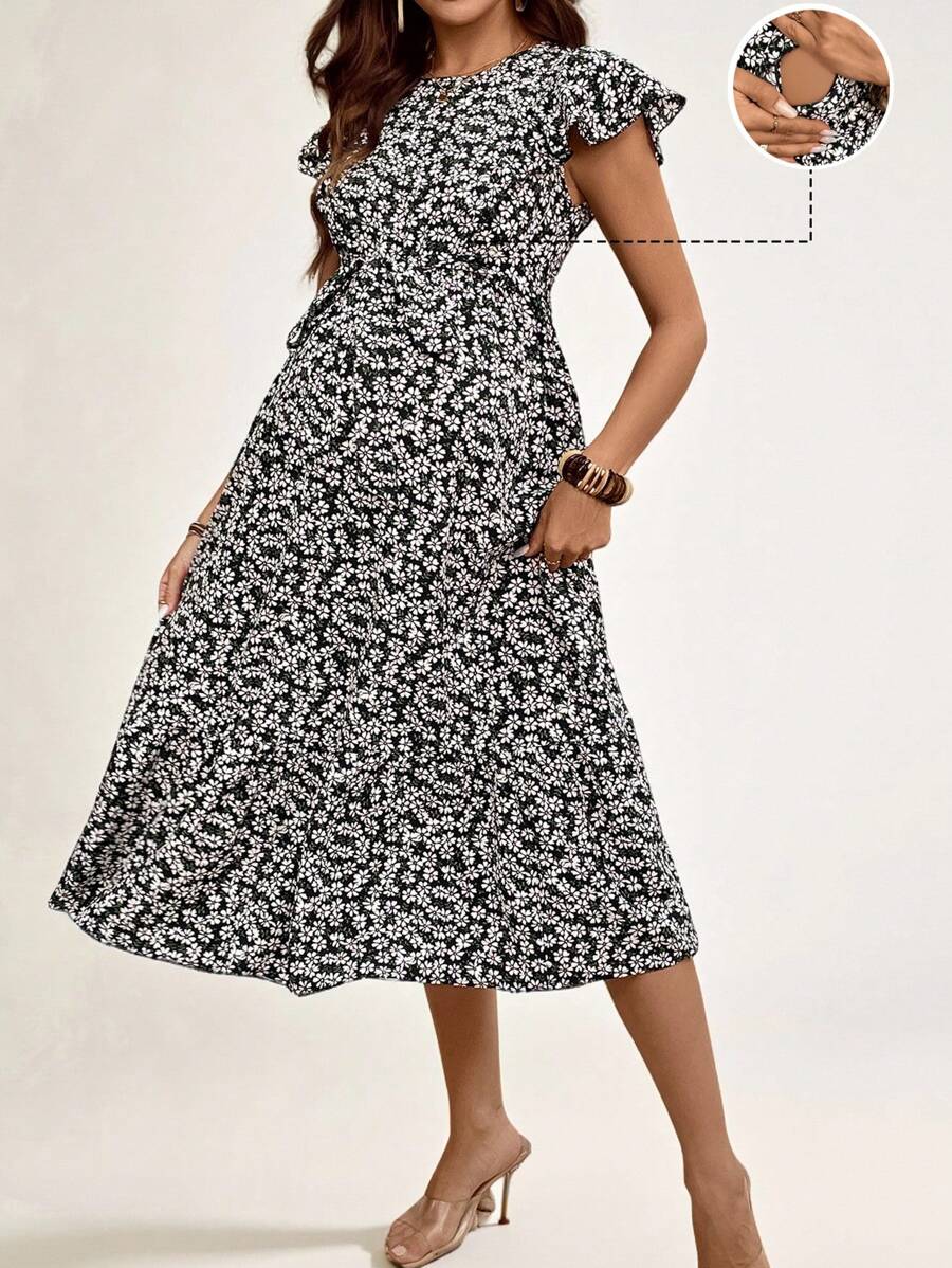 SHEIN Women's Casual Floral Print Nursing Midi Dress With Ruffle Hem And Short Sleeves - Black - View 1