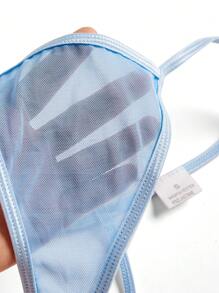 SHEIN 3 件套女士纯色网眼拼接蝴蝶结装饰性感内衣套装（钢圈吊带裙、可拆卸吊袜带、丁字裤）适合外出 - 淺藍色 - 查看 9