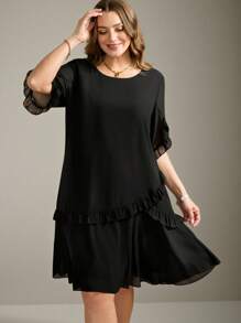 Flouryn Plus Size Women Chiffon Tiered Splice Ruffle Hem Elegant Black Dress, Spring/Summer, Suitable For Valentine's Day - Black - View 1