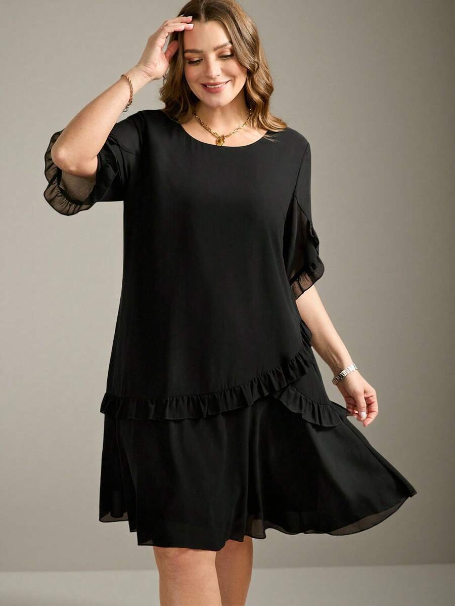Flouryn Plus Size Women Chiffon Tiered Splice Ruffle Hem Elegant Black Dress, Spring/Summer, Suitable For Valentine's Day - Black - View 1