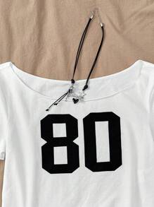 SHEIN Top ajustado con estampado, manga corta, hombros descubiertos, con eslogan de punto blanco real para adolescentes. Informal, fresco, básico, versátil, moda deportiva de verano. Ideal para vuelta al cole y uniformes escolares. - Blanco - Ver 3