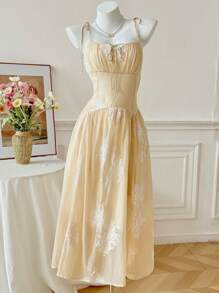 Modelyn Elegant Embroidered Strap Women Summer Dress - Apricot - View 1