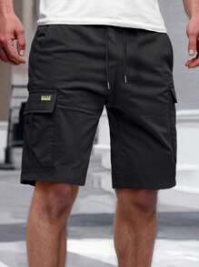 Manfinity Homme Pantalones cortos cargo de unicolor con cintura elástica y cordón, pantalones cortos negros, regalo para novio o esposo, para volver a la escuela