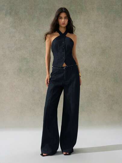 LYSMO 女士牛仔套装，露背纯色上衣和长裤，时尚适合夏季