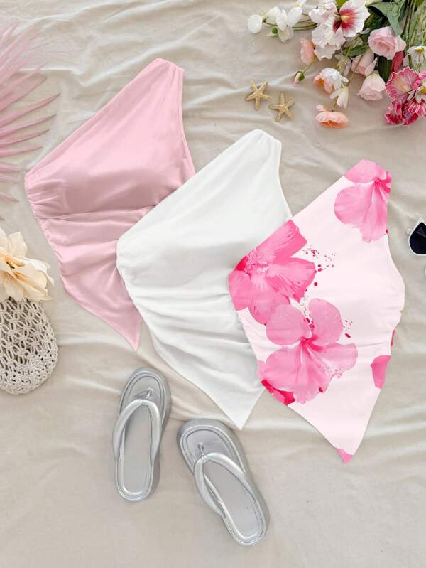 Soleia Set de 3 piezas con estilo casual de vacaciones con estilo de isla, Top halter a juego con estampado tropical floral en rosa y blanco, borde asimétrico, adecuado para verano, playa, fiesta, festival de música