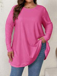 SHEIN Privé Plus Size Elegant Casual Loose Long Sleeve Round Neck Solid Color Basic Undershirts And Outerwear Swing Hem T-Shirt