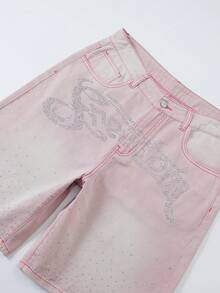 ROMWE MEN Street Life Shorts vaqueros casuales y versátiles con decoración de rhinestones para hombres - Rosa - Ver 3