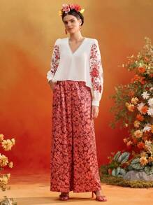 Frida Kahlo X SHEIN X Designer Oxana Placement Floral Print V Neck Flowy Puffy Long Sleeves Blouse Top Women Summer Vacation