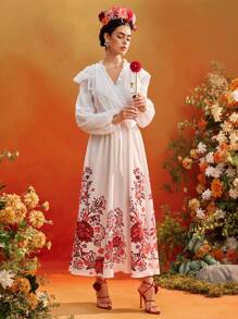 Oxana Frida Kahlo X SHEIN X Designer فستان أنيق طويل للسيدات بخصر واسع، طبعات بيضاء، أكمام منتفخة، ياقة لفافة - متعدد الألوان - مشاهدة 6