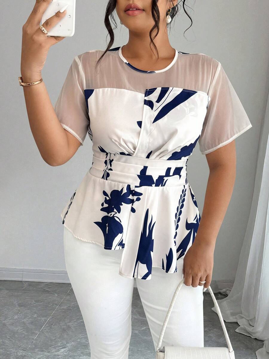 SHEIN Elenzya Áo cánh chiffon họa tiết hoa viền bất đối xứng cỡ lớn - Nhiều màu - Xem 1