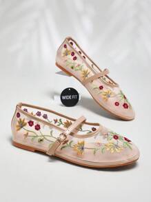 SHUZIA Wide-Fit Women's Closed Round Toe Embroidery Lace Flat Dress Shoes Wide Fit - Beige - View 1