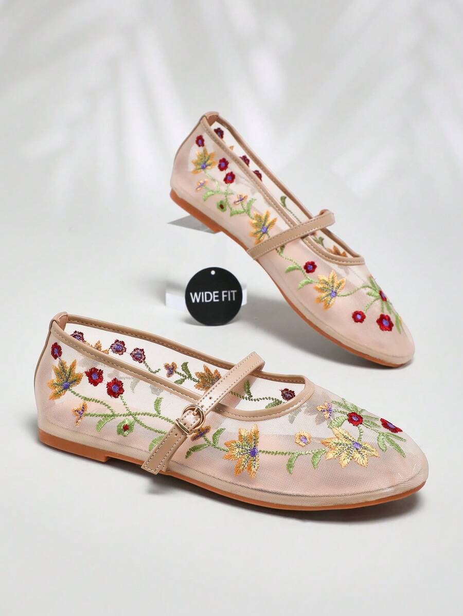 SHUZIA Wide-Fit Women's Closed Round Toe Embroidery Lace Flat Dress Shoes Wide Fit - Beige - View 1