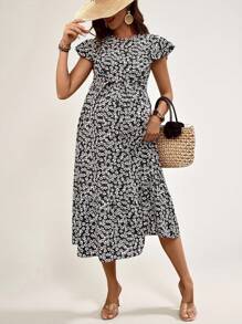 SHEIN Women's Casual Floral Print Nursing Midi Dress With Ruffle Hem And Short Sleeves - Black - View 3