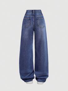 SHEIN Teen Girls Cat Whiskers Simple Daily Jeans - Dark Wash - View 2