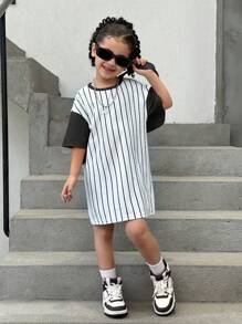 年轻女孩针织可爱动物图案条纹宽松休闲连衣裙 - 黑色 - 查看 3