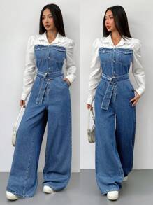 SHEIN ICON Women's Denim Jumpsuit With Adjustable Straps And Long Sleeves, Casual Fitted, Fall Women Clothes - Medium Wash - View 1