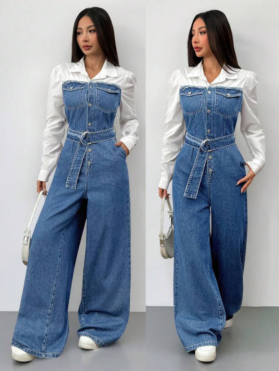 SHEIN ICON Women's Denim Jumpsuit With Adjustable Straps And Long Sleeves, Casual Fitted, Fall Women Clothes - Medium Wash - View 1