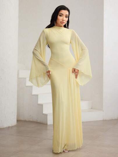 Veilorie Yellow Oil Cream Yellow Oblique Neck, Ruched, Asymmetric, Pale Yellow Asymmetrical Hem, Bell Sleeve, Elegant Dress Light Yellow Dress Women Yellow Maxi Dress