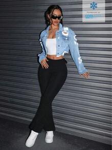 SHEIN Casual Distressed Washed Cropped Denim Jacket