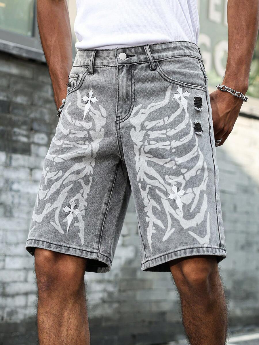 PAVTROS Manfinity Streetrush Men's Casual Washed Bone Skeleton & Cross Embroidery Denim Shorts