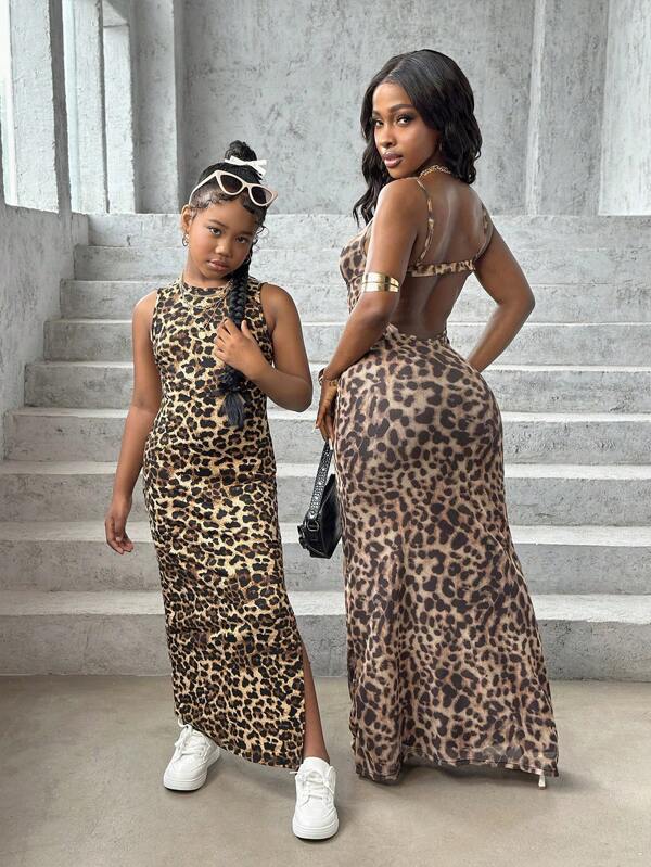 Tween Girl Leopard Print Knitted Sleeveless Snug Fit Dress For Girl,Summer Dresses ,Mommy And Me Matching Outfits(2 Pieces Are Sold Separately) Leopard Print Matching Outfits