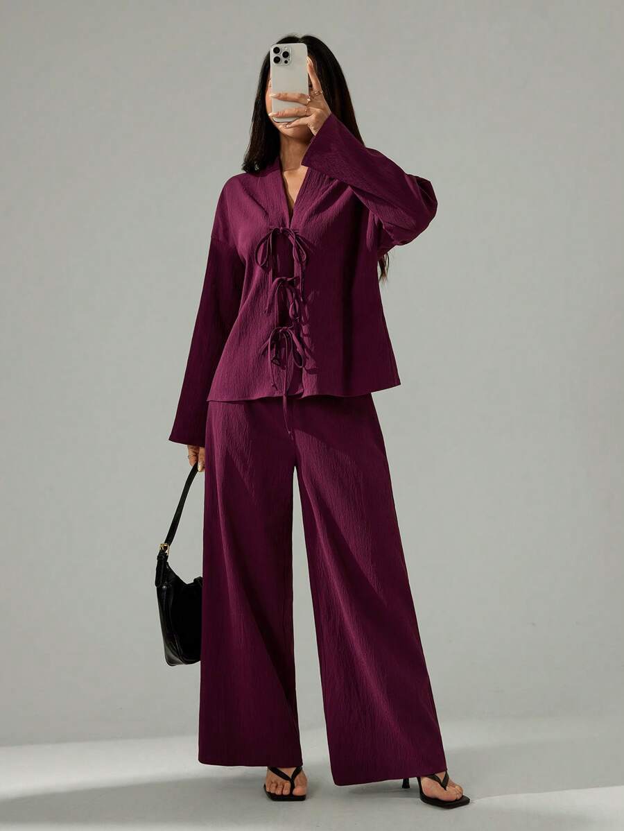 SHEIN PETITE 女士休闲优雅系带衬衫和高腰弹力宽松阔腿裤 2 件套，度假时尚 - 紫色 - 查看 1