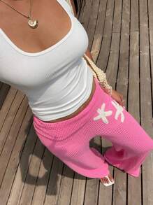 SHEIN EZwear 女士度假风粉色针织阔腿裤 - 粉色 - 查看 4